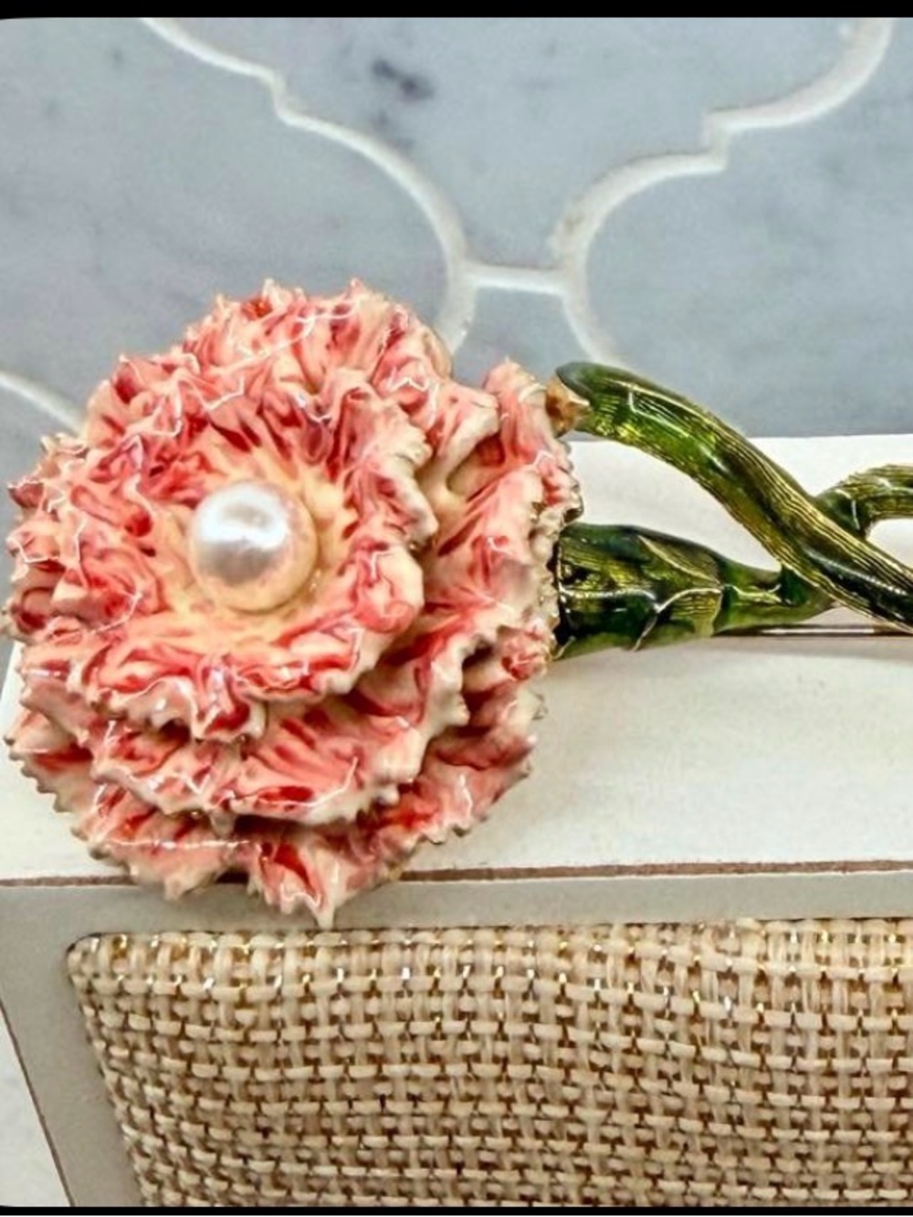 Vtg. Hattie Carnegie Pink Carnation Brooch 22g 3β Faux Pearl Worn Carnegie Mark - Picture 6 of 9